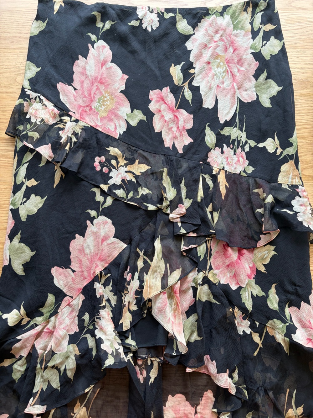 Vintage Silk Ralph Lauren Black Skirt with Pink Floral Ruffles